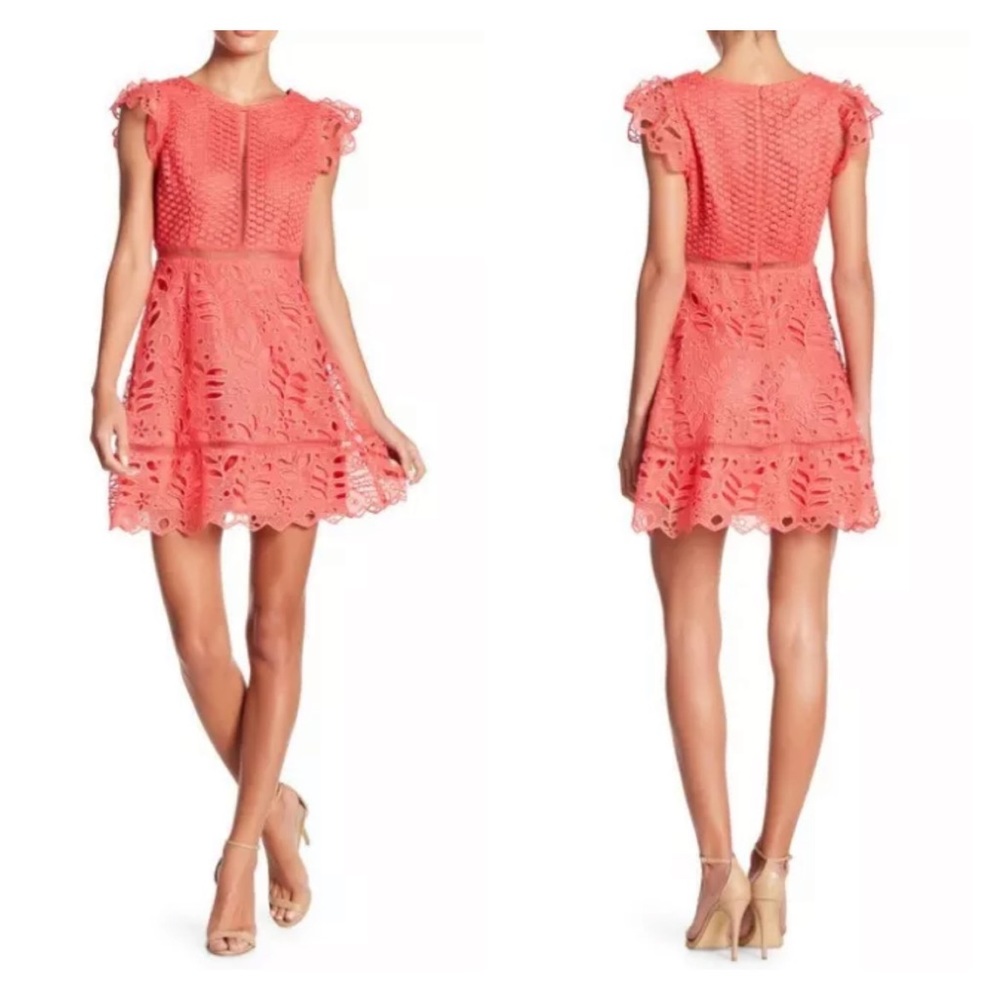 BB DAKOTA Ariane Coral Orange Crochet Eyelet Lace Fit & Flare Dress NWT